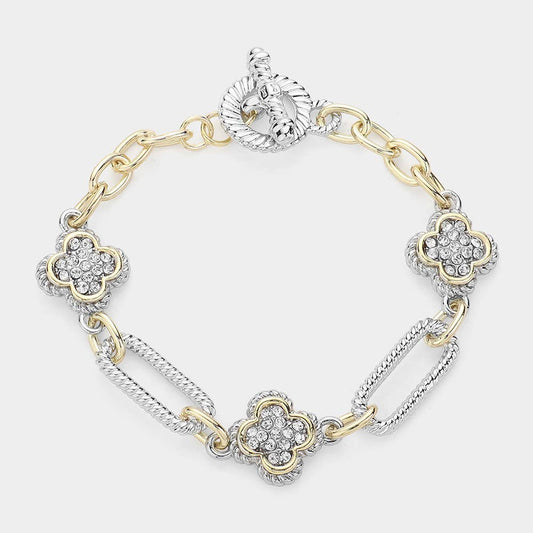 14K Gold Plated Two Tone Quatrefoil Link Toggle Bracelet