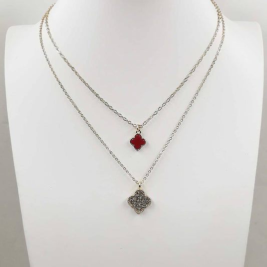 Gold Dipped Double Quatrefoil Pendant Layered Necklace