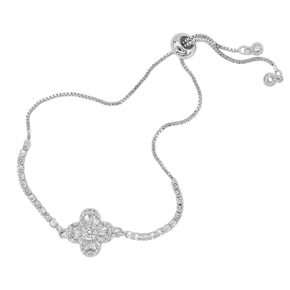 Quatrefoil CZ Stone Accent Pull Tie Adjustable Bracelet