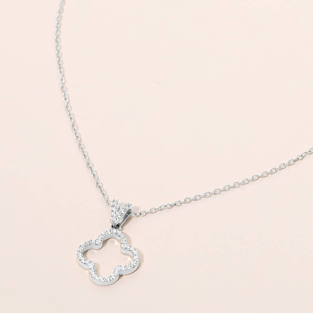 SECRET BOX_Stainless Steel Stone Paved Open Quatrefoil Pendant Necklace