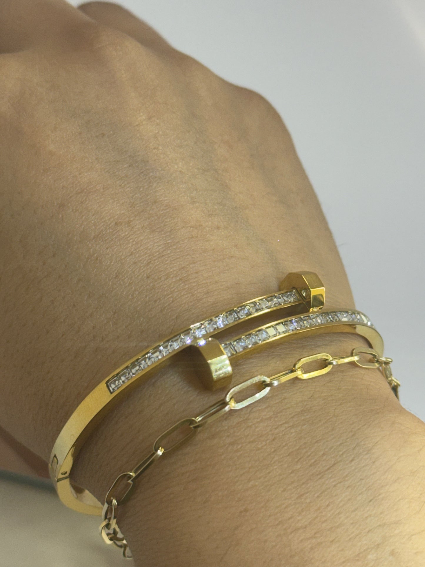 Gold Stainless Steel Crystal Nail Cuff Bracelet