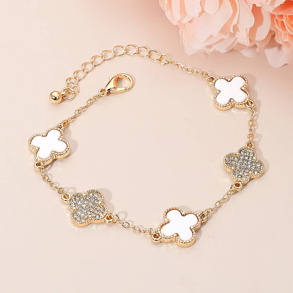Gold Dipped Quatrefoil Charm Link Station Bracelet
